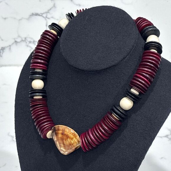 Vintage Jewelry - Vintage Shell Pendant Necklace Statement Red Black Wood Disc Beads Boho 18"
